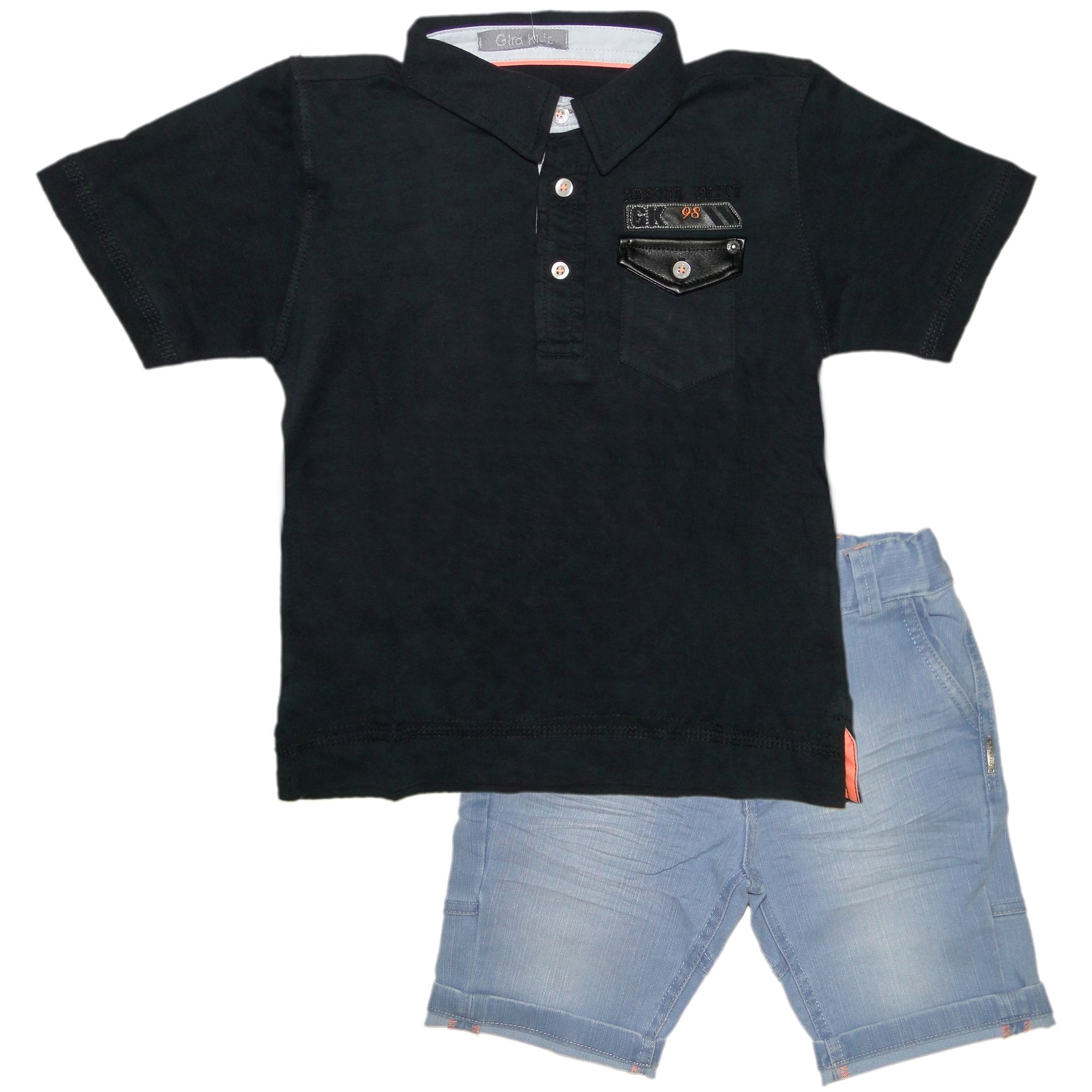 Conjunto Infantil Menino Polo Preta E Bermuda Jeans Claro Roupas Infantil Ecameleca Kids Ecamelecamobile