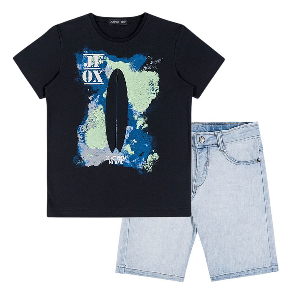 Conjunto Menino Camiseta Surfista Malha Preta E Bermuda Jeans Claro Johnny Fox Ecamelecamobile