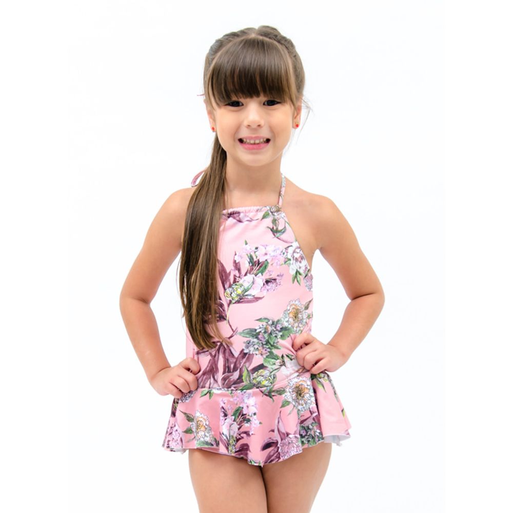 Moda Praia Infantil Maiô Frente Única Flower Rosa com Babados - EcaMeleca