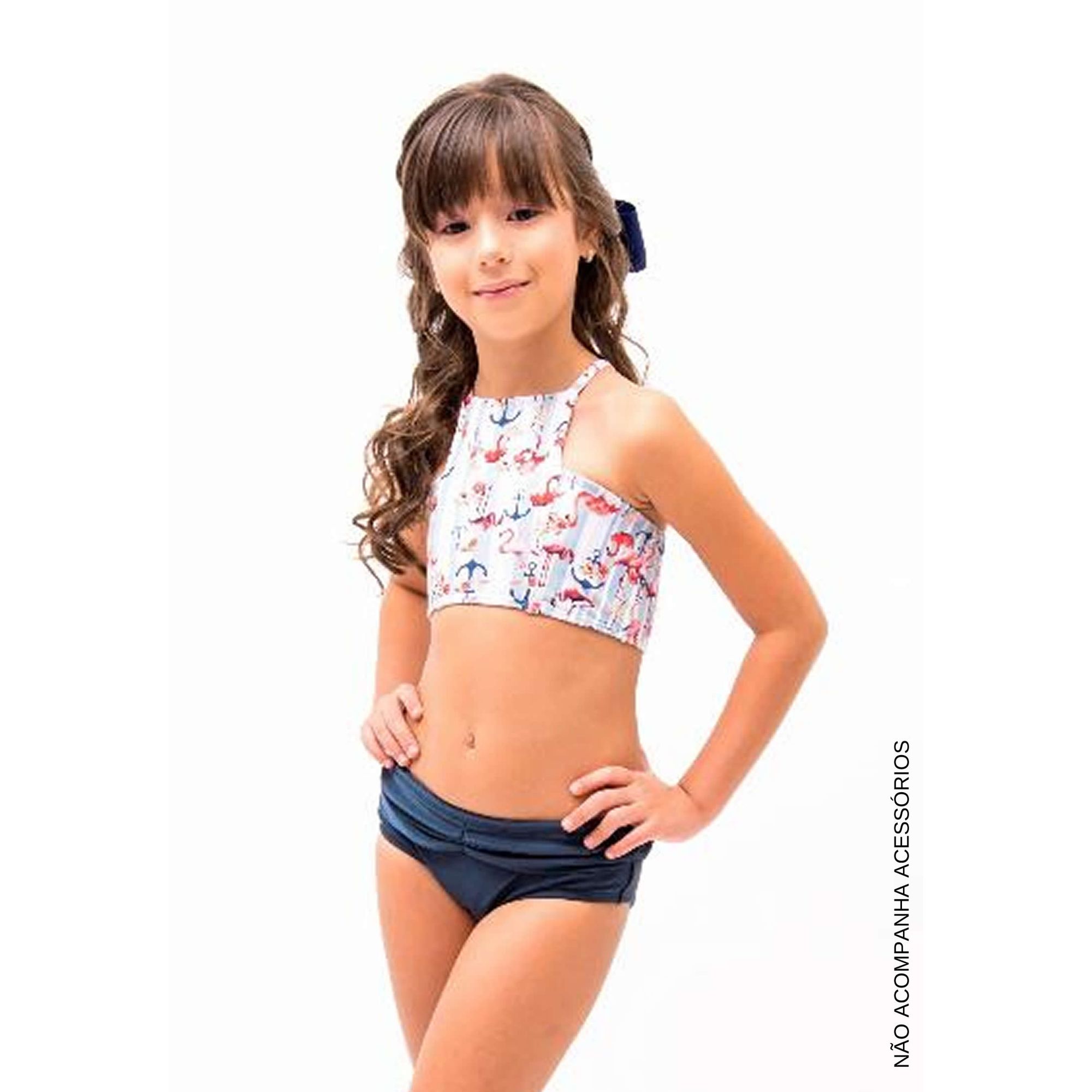Moda Praia Infantil Biqu ni Navy Flamingos Calcinha Pala Azul Marinho 