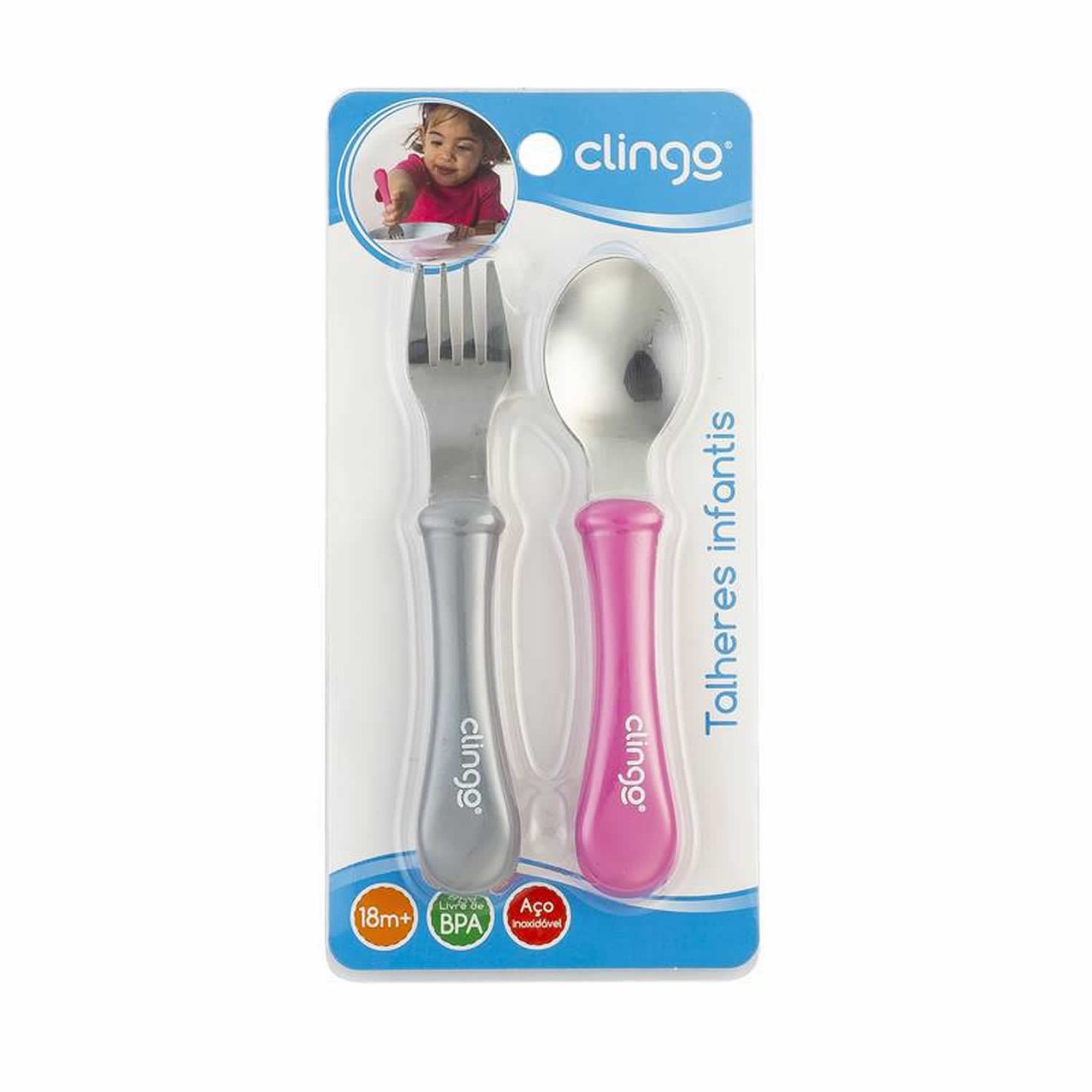 Kit Talher Colher e Garfo Infantil Metal Rosa Clingo - EcaMeleca