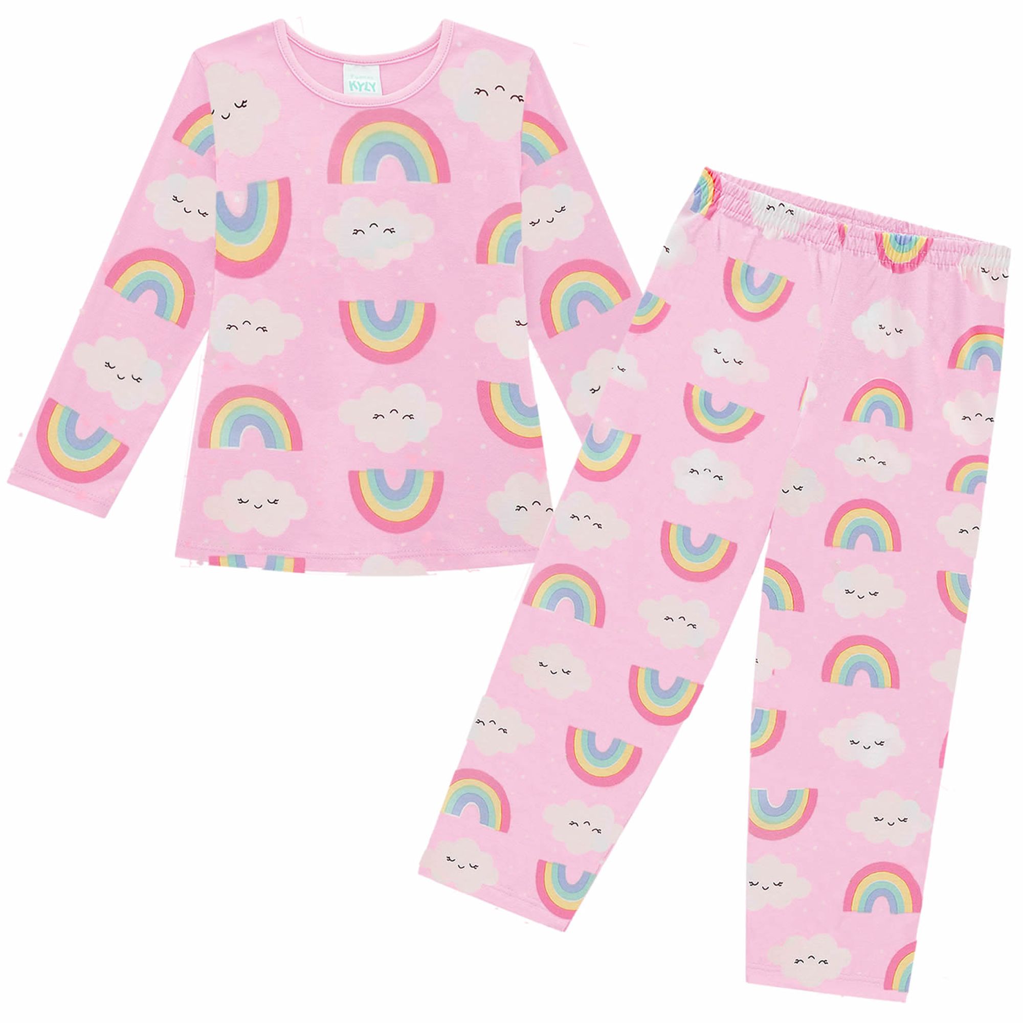 pijama-infantil-longo-rosa-malha-nuvens-e-arco-iris