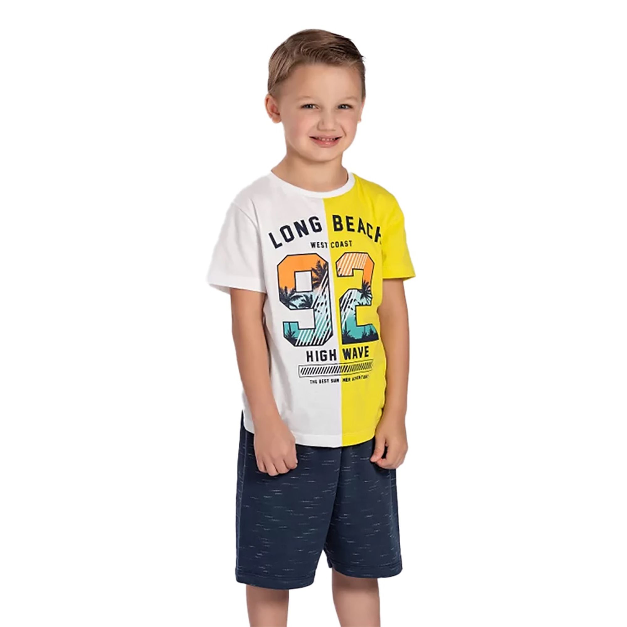 Conjunto-Infantil-Camiseta-Beach-Amarela-e-Branca-e-Bermuda-Azul-1