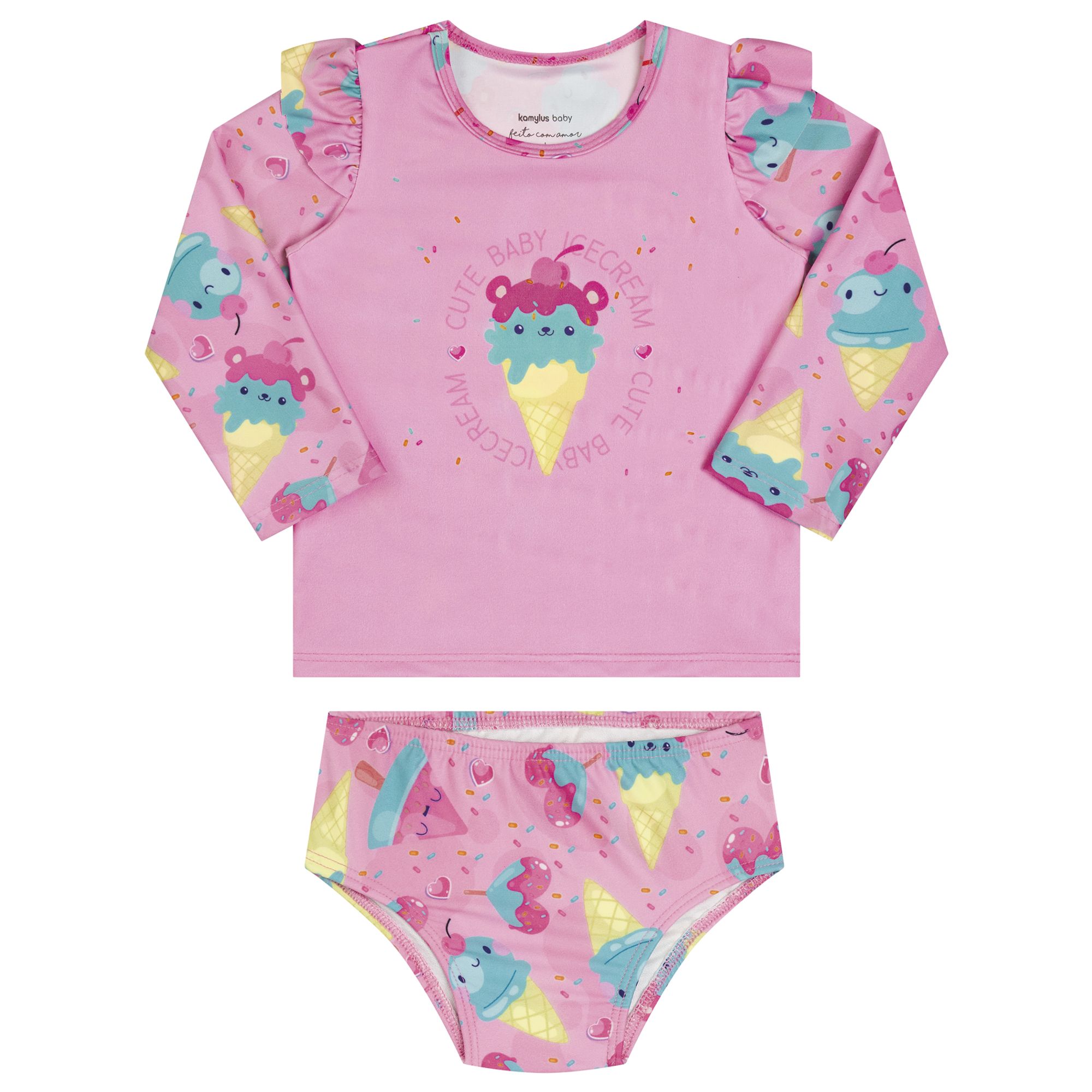 Conjunto Praia Meninas Camiseta Manga Longa e Calcinha Rosa Sorvetes ...