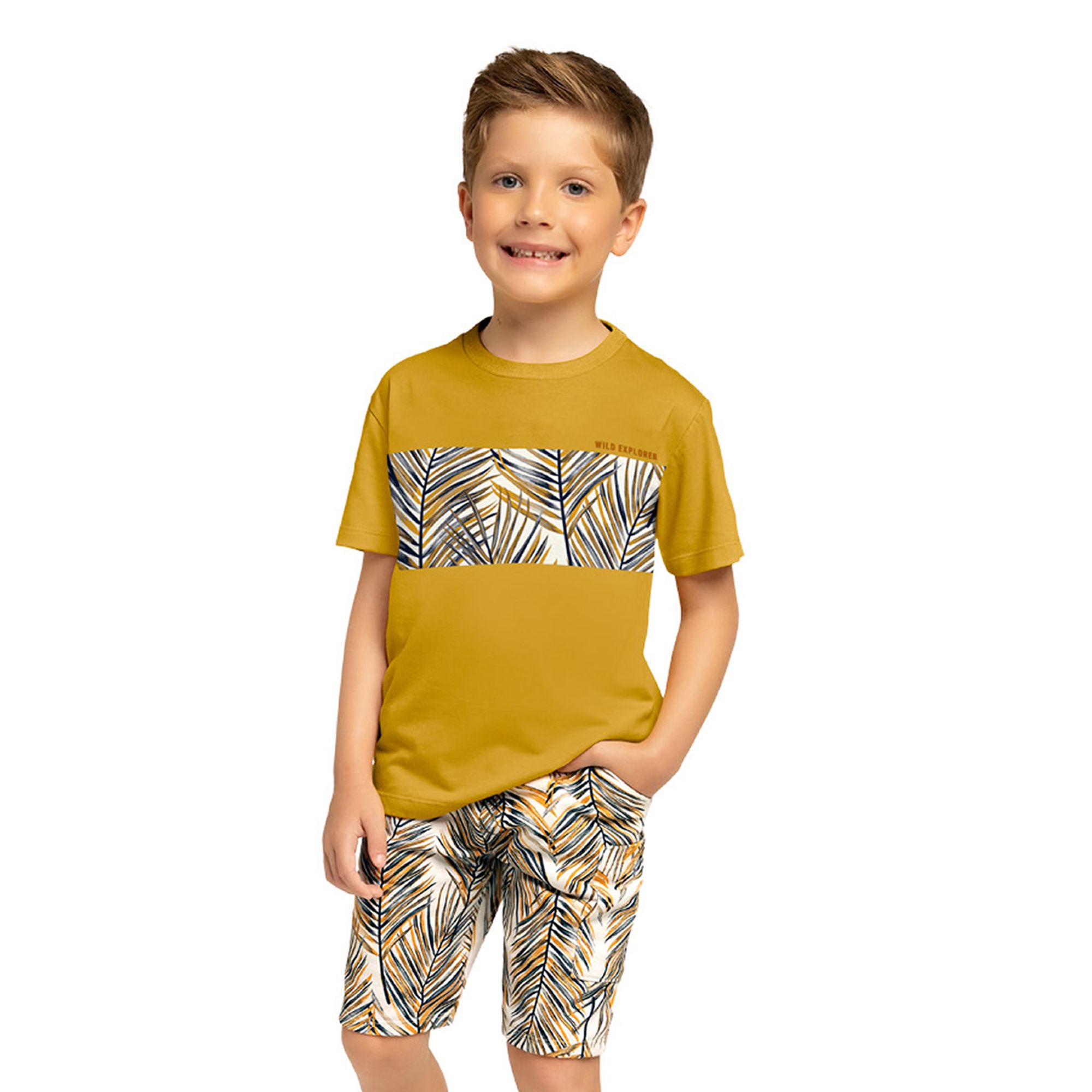 Conjunto-Infantil-Camiseta-e-Bermuda-Folhagem-Amarelo-Mascavo-1