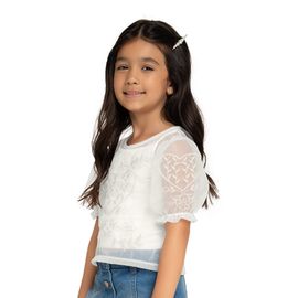 Blusa-Infantil-Elegante-Off-White-Mangas-Bufantes-Tule-Bordado