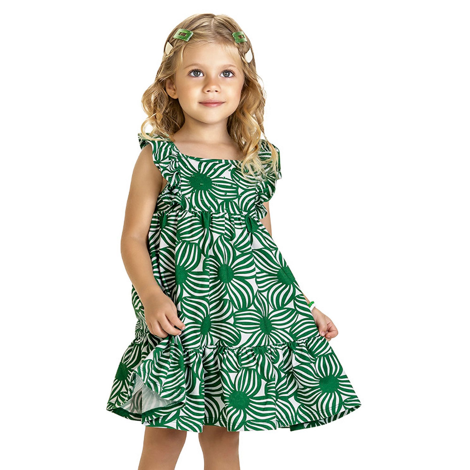Vestido-Infantil-Malha-Flores-Verde-e-Branco-Aplique-Strass-