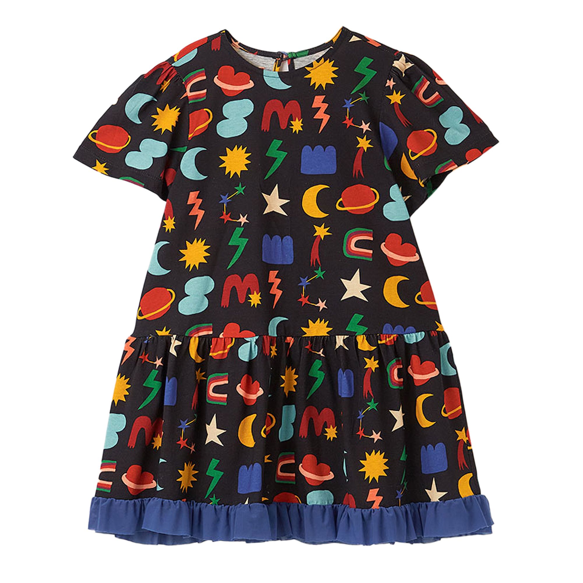 Vestido-Infantil-Fabula-Malha-Preto-Estampa-Cosmotipo-Barra-Babados-1