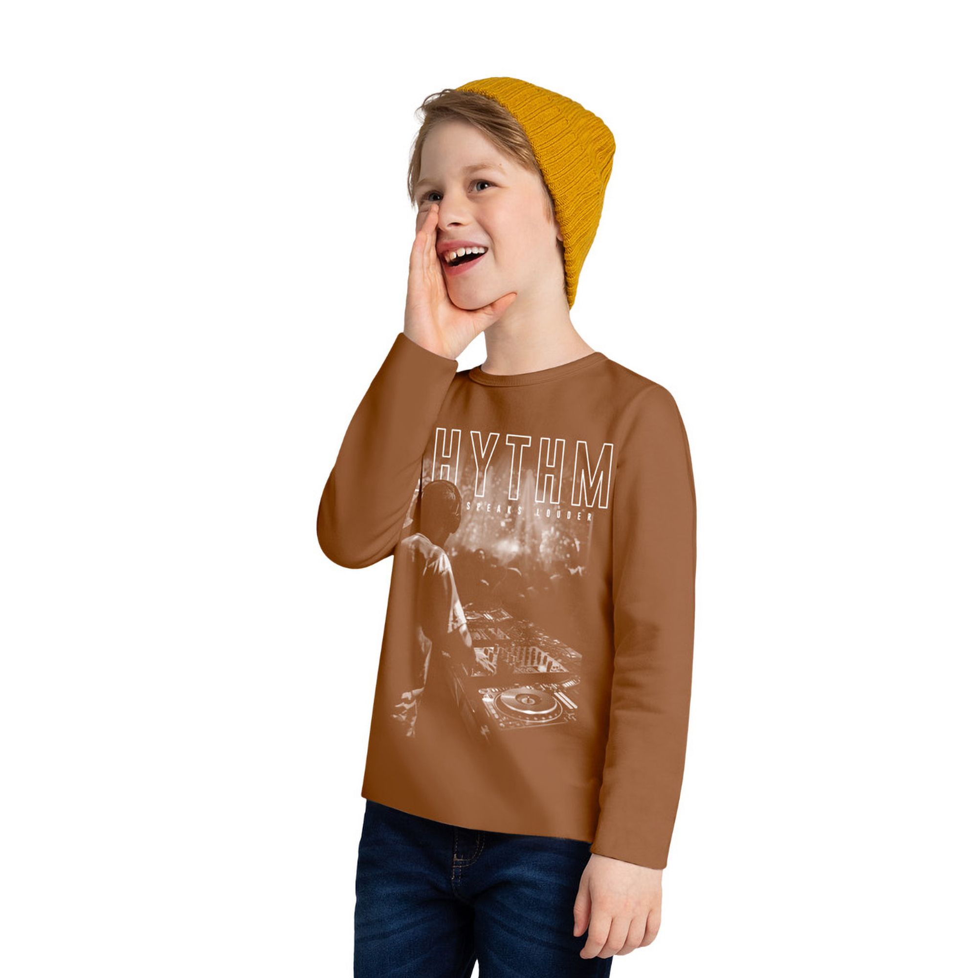 Camiseta-Infantil-Manga-Longa-Marrom-Avela-DJ-Rhythm-Kyly-1