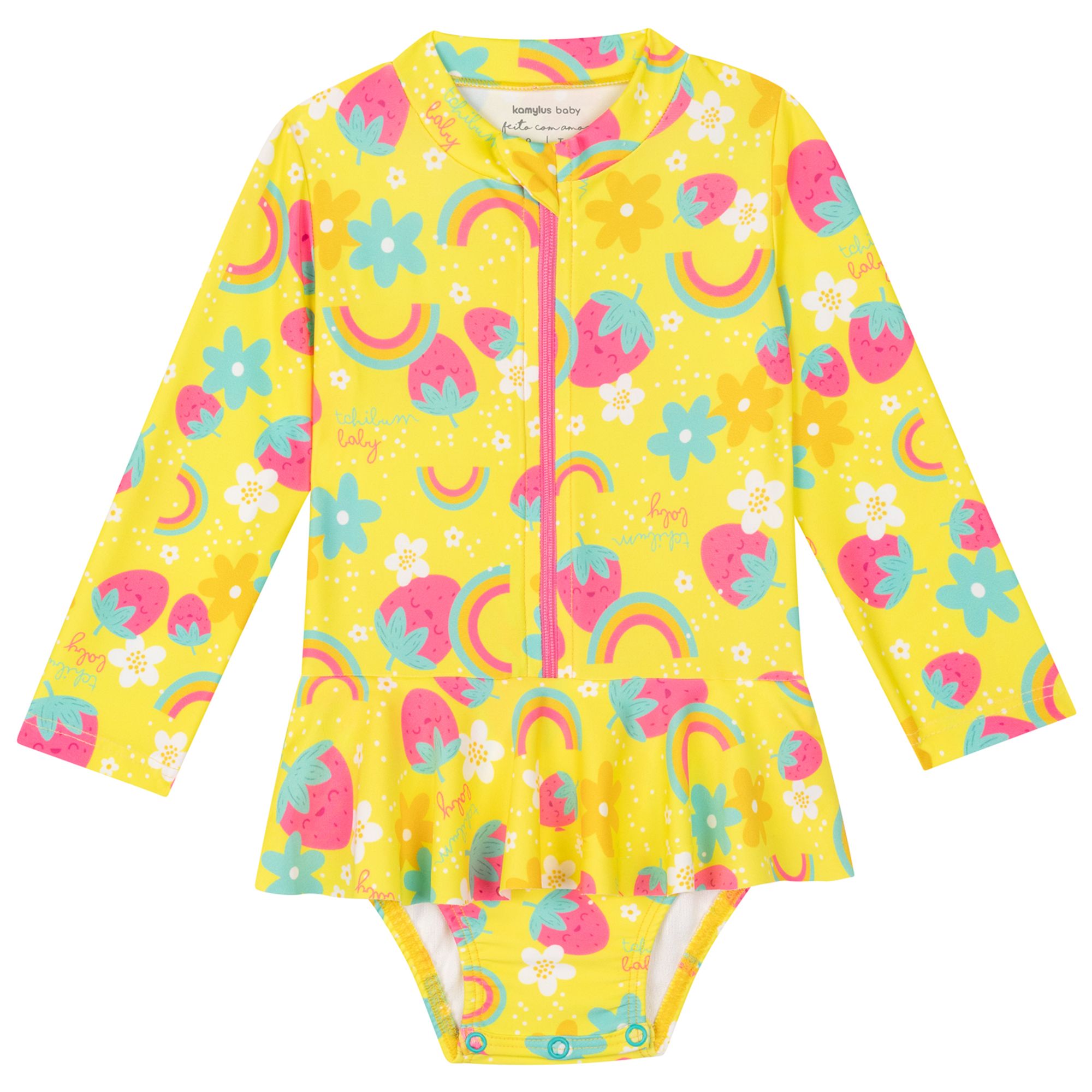 Maio-Body-Meninas-Com-Ziper-Manga-Longa-Amarelo-Moranguinhos