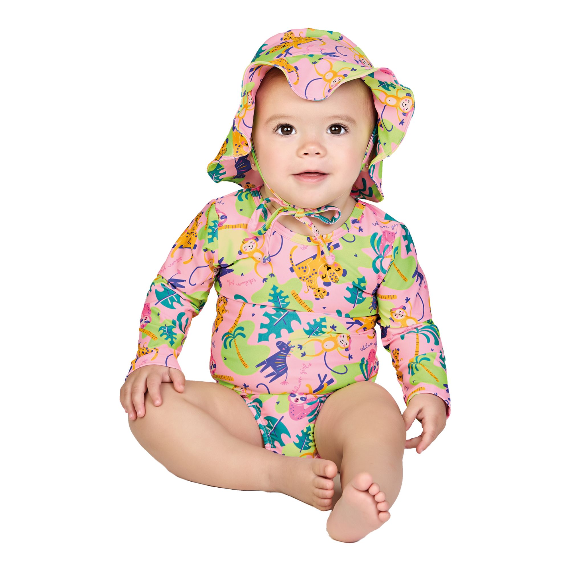 Maio-Body-Bebe-Manga-Longa-com-Chapeu-Rosa-Animais-Zoo