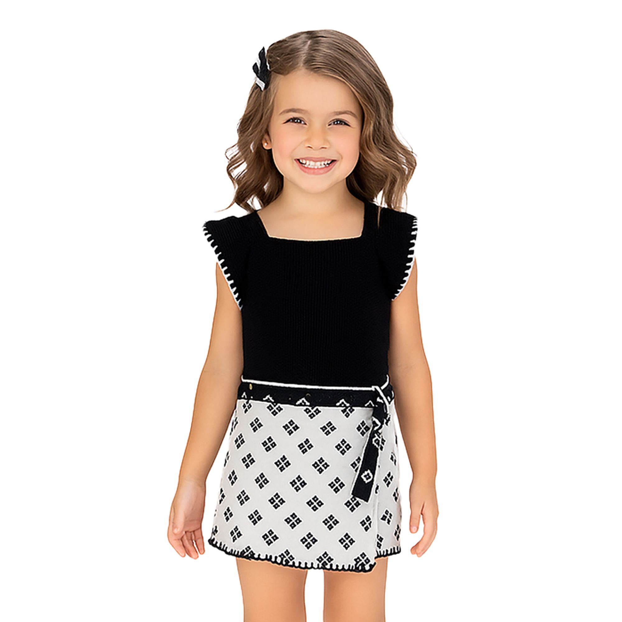 Conjunto-Infantil-Blusa-Cropped-Ribana-Preta-e-Short-Saia-Branco-Milon