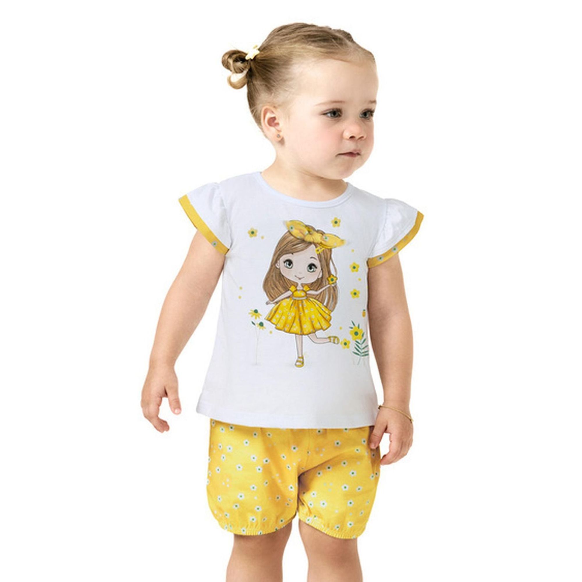 Conjunto-Meninas-Blusa-Branca-e-Short-Amarelo-Menininha-Flores-1