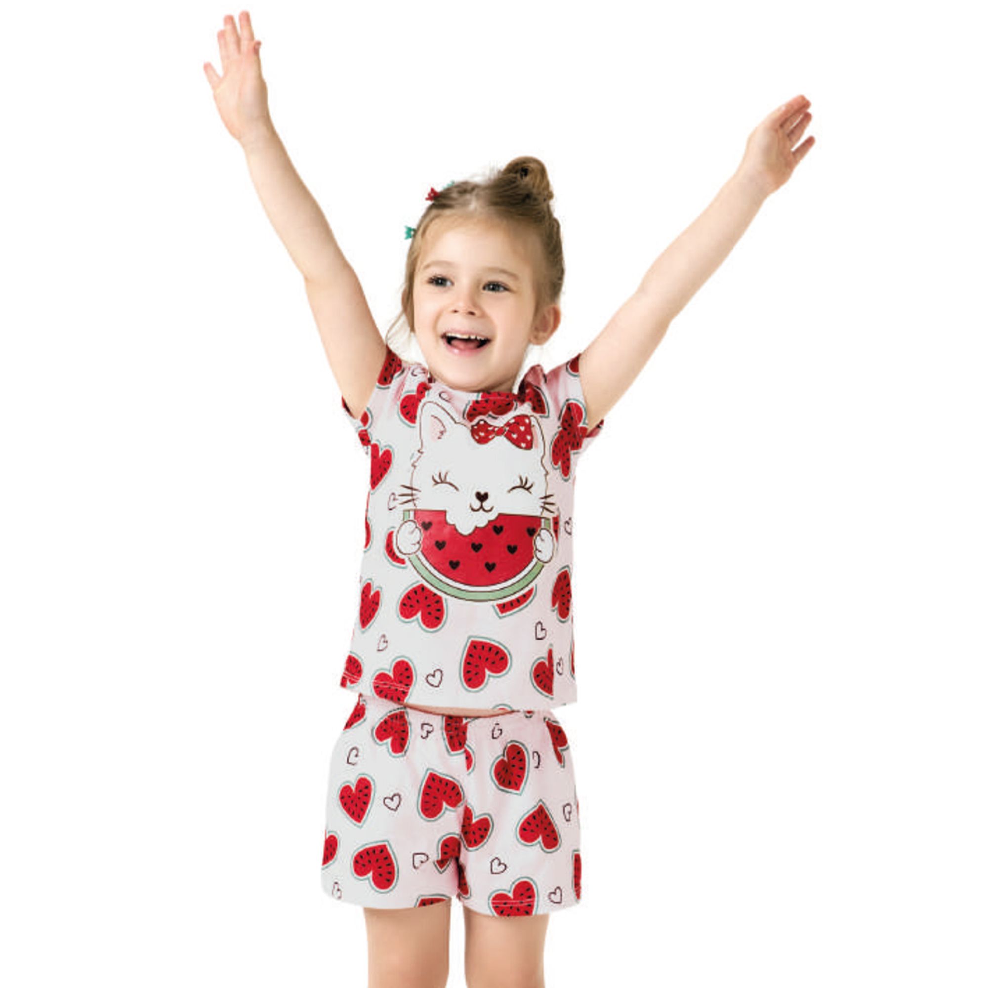 Pijama-Meninas-Curto-Malha-Rosa-Gatinha-Coracoes-Melancia-Kyly