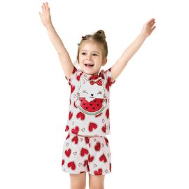 Pijama-Meninas-Curto-Malha-Rosa-Gatinha-Coracoes-Melancia-Kyly