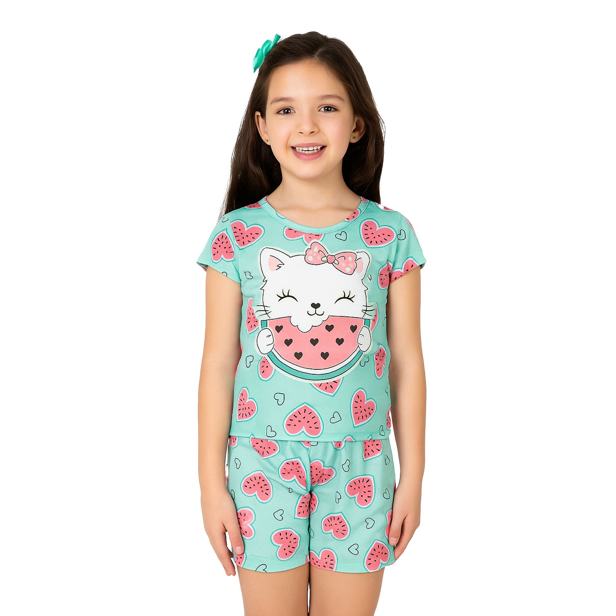 Pijama-Meninas-Curto-Malha-Rosa-Gatinha-Coracoes-Melancia-1