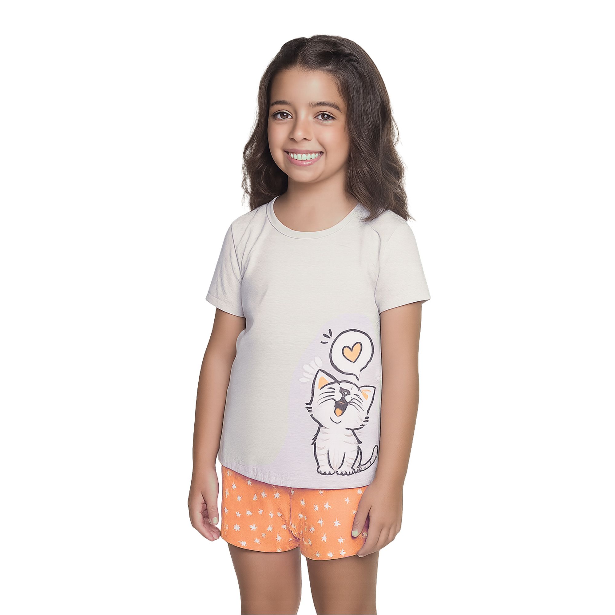Pijama-Curto-Meninas-Malha-Amor-de-Gatinha-Off-White-e-Laranja-1