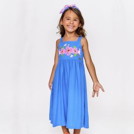 Vestido-Infantil-Linho-Azul-Bordado-Florescendo-Coracoes
