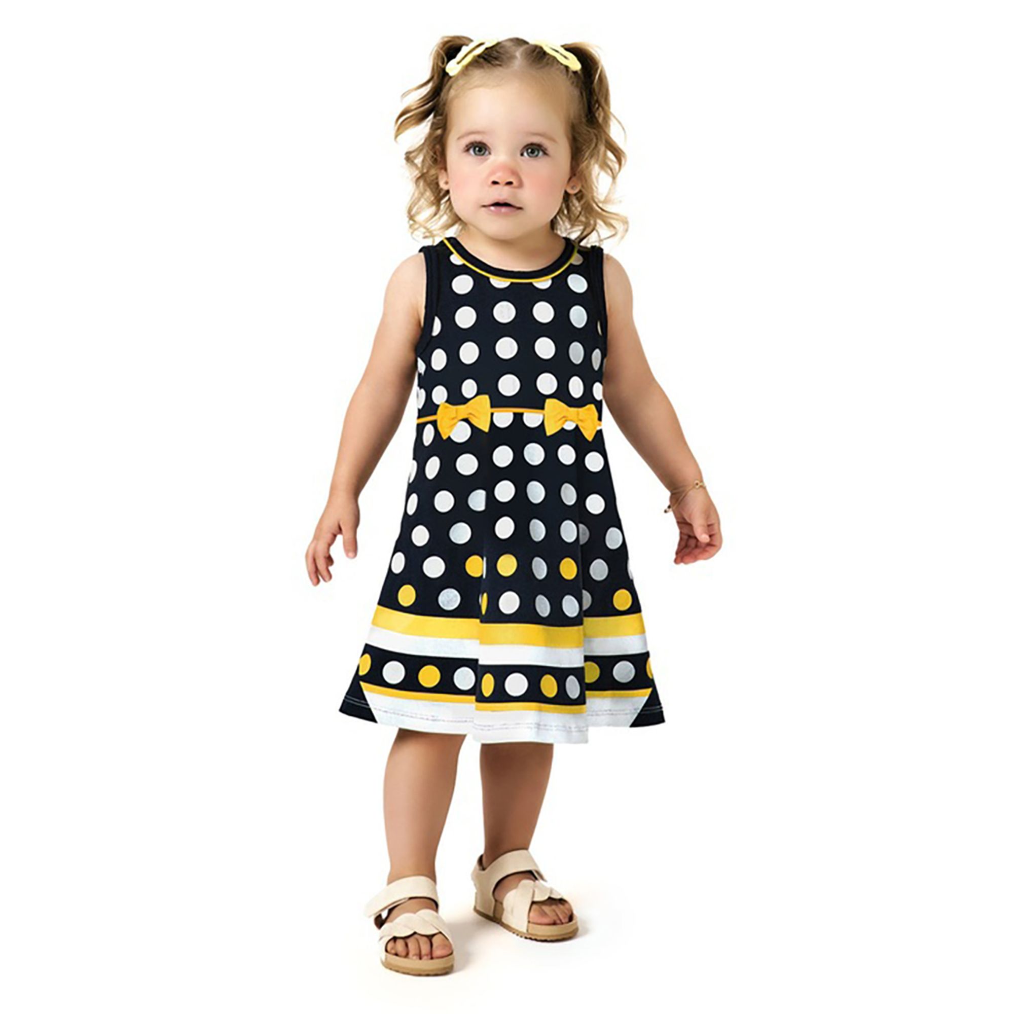-	Vestido-Infantil-Azul-Marinho-Bolas-Brancas-e-Lacinhos-Amarelos-1