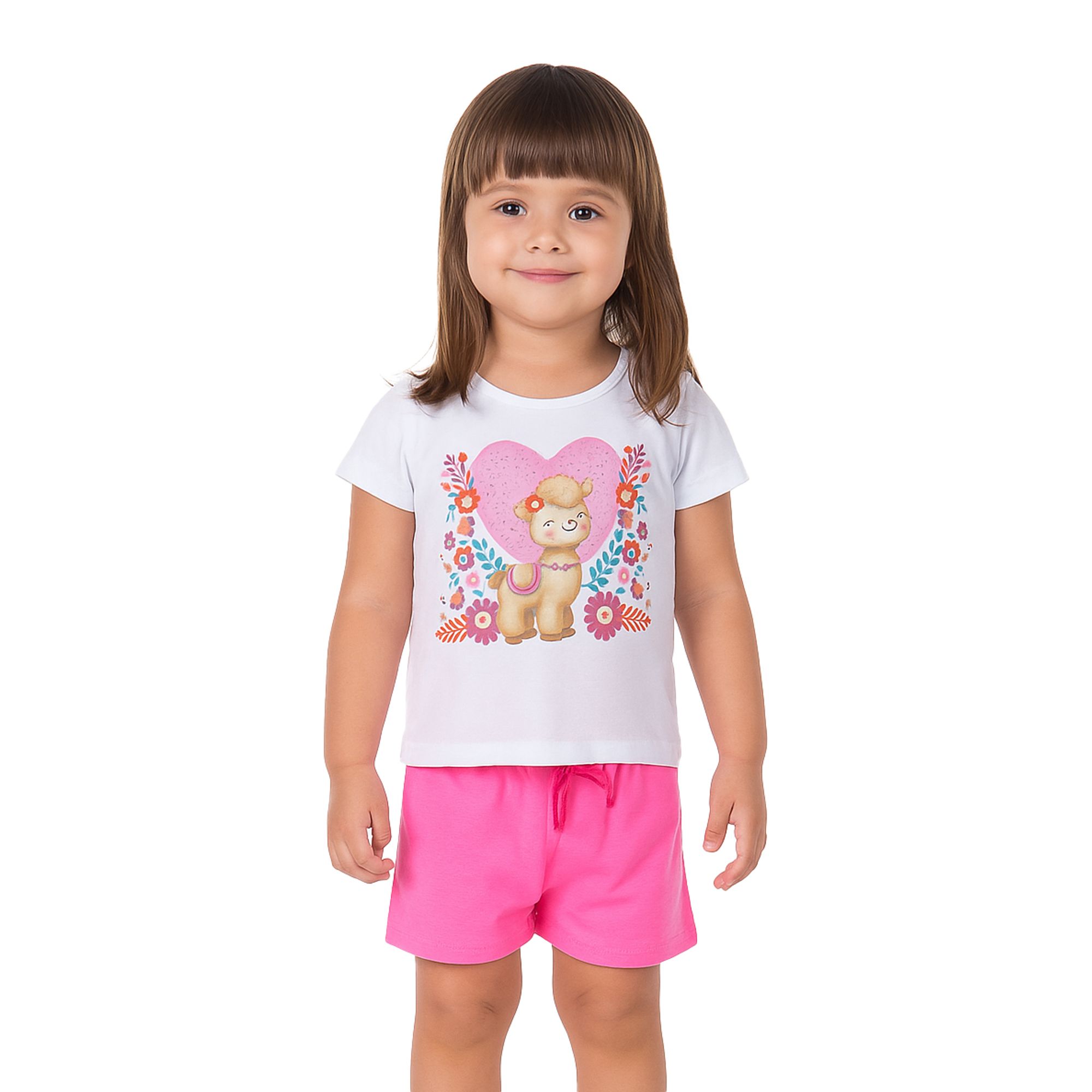 Conjunto-Meninas-Blusa-Branca-Lhama-e-Short-Rosa-Kyly-1