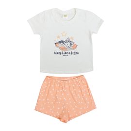 -	Pijama-Curto-Meninas-Malha-Camiseta-Off-White-Kitten-e-Short-Coral-2