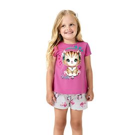 Pijama-Meninas-Curto-Malha-Gatinha-Cute-Rosa-e-Mescla-White-1
