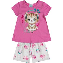 Pijama-Meninas-Curto-Malha-Gatinha-Cute-Rosa-e-Mescla-White-2