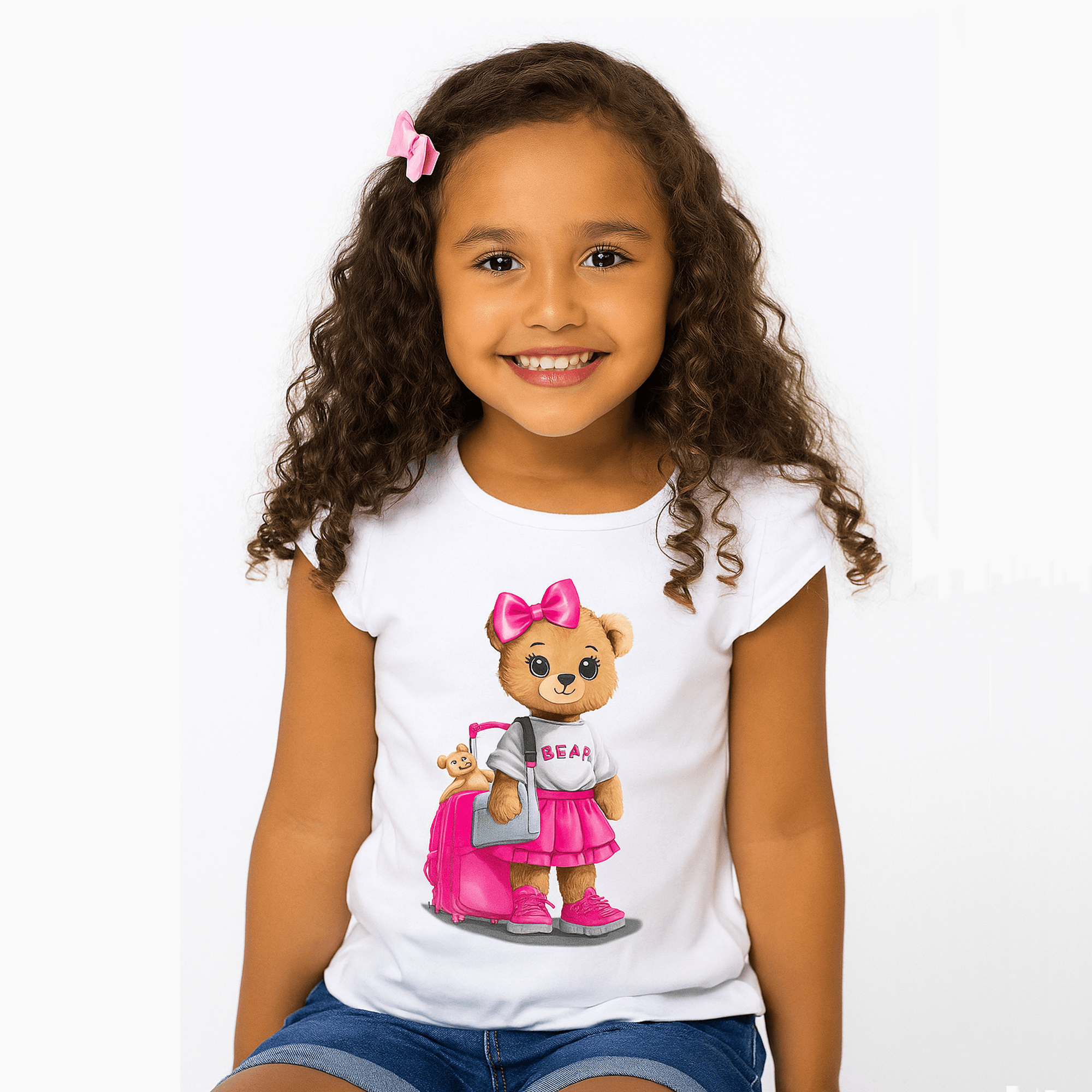 -	Blusa-Meninas-Manga-Curta-Branca-Ursa-Colegial-Pink-1