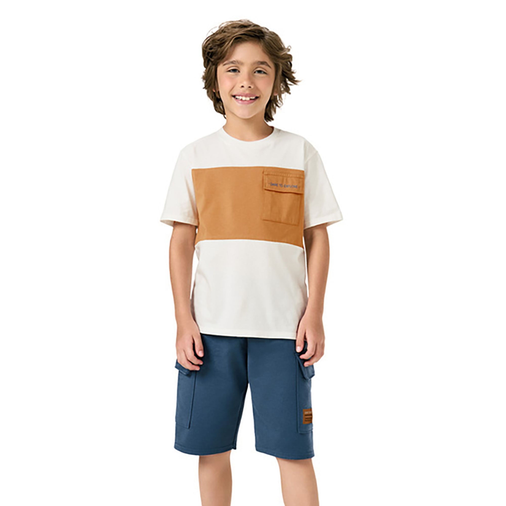 Conjunto-Meninos-Camiseta-Branca-e-Bege-e-Bermuda-Azul-Cargo-Kyly-1