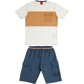 Conjunto-Meninos-Camiseta-Branca-e-Bege-e-Bermuda-Azul-Cargo-Kyly-2