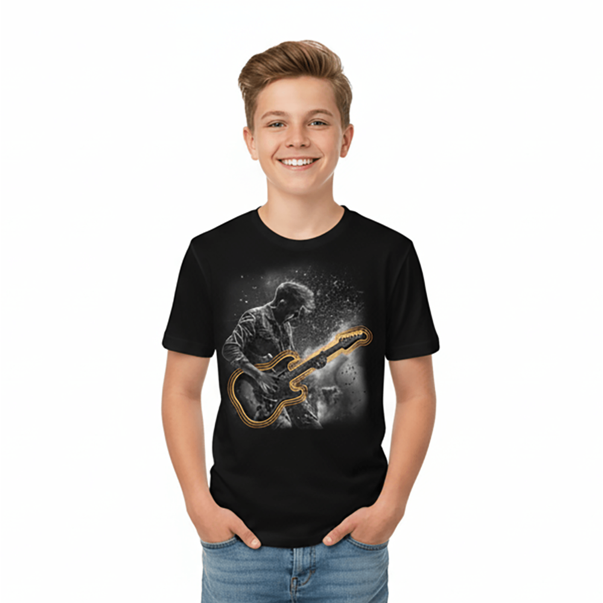 camiseta-infantil-manga-curta-preta-guitarrista