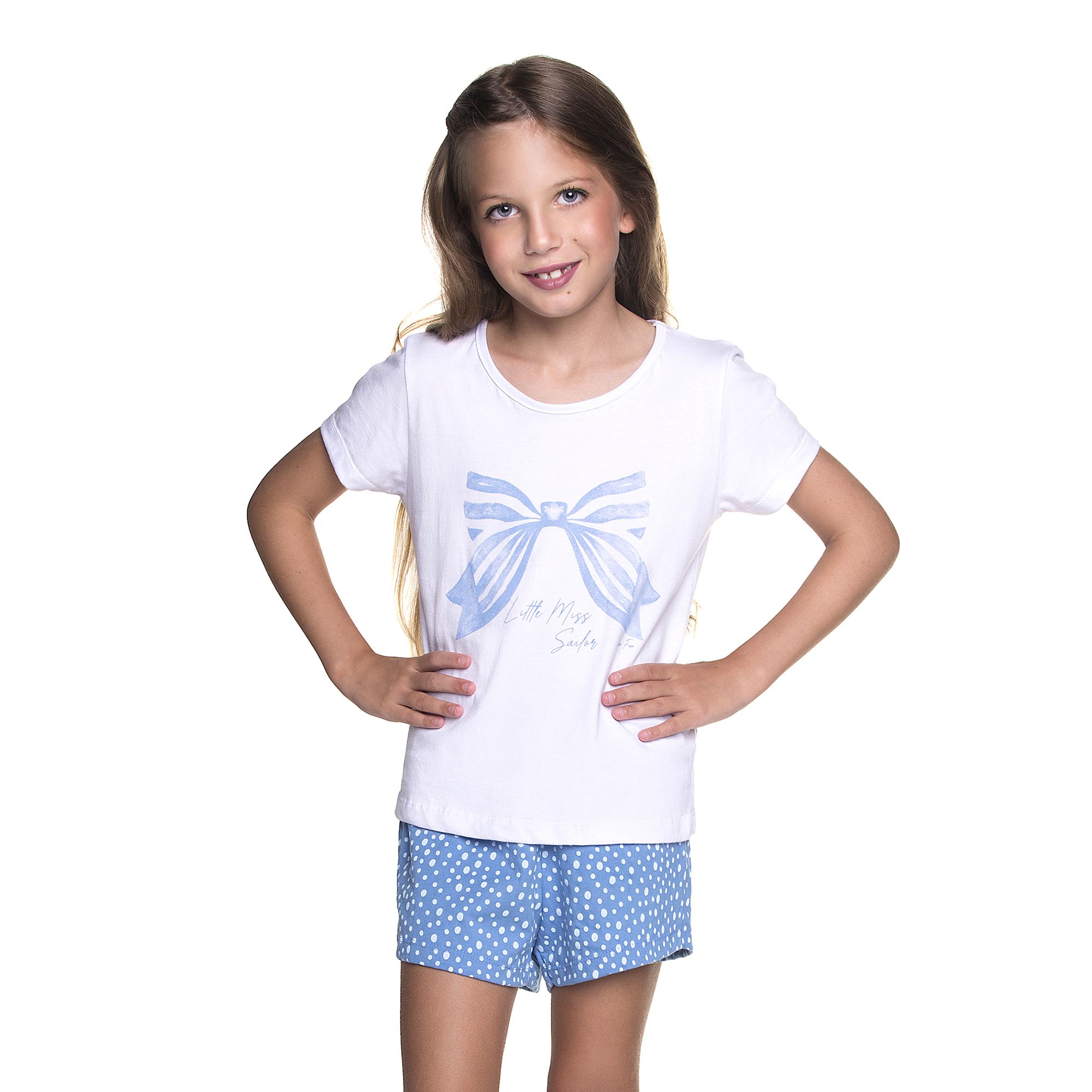 Pijama-Meninas-Curto-Malha-Camiseta-Branca-Laco-e-Short-Azul-Poas-1