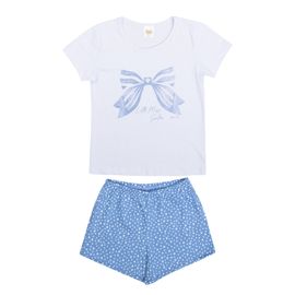 Pijama-Meninas-Curto-Malha-Camiseta-Branca-Laco-e-Short-Azul-Poas-2