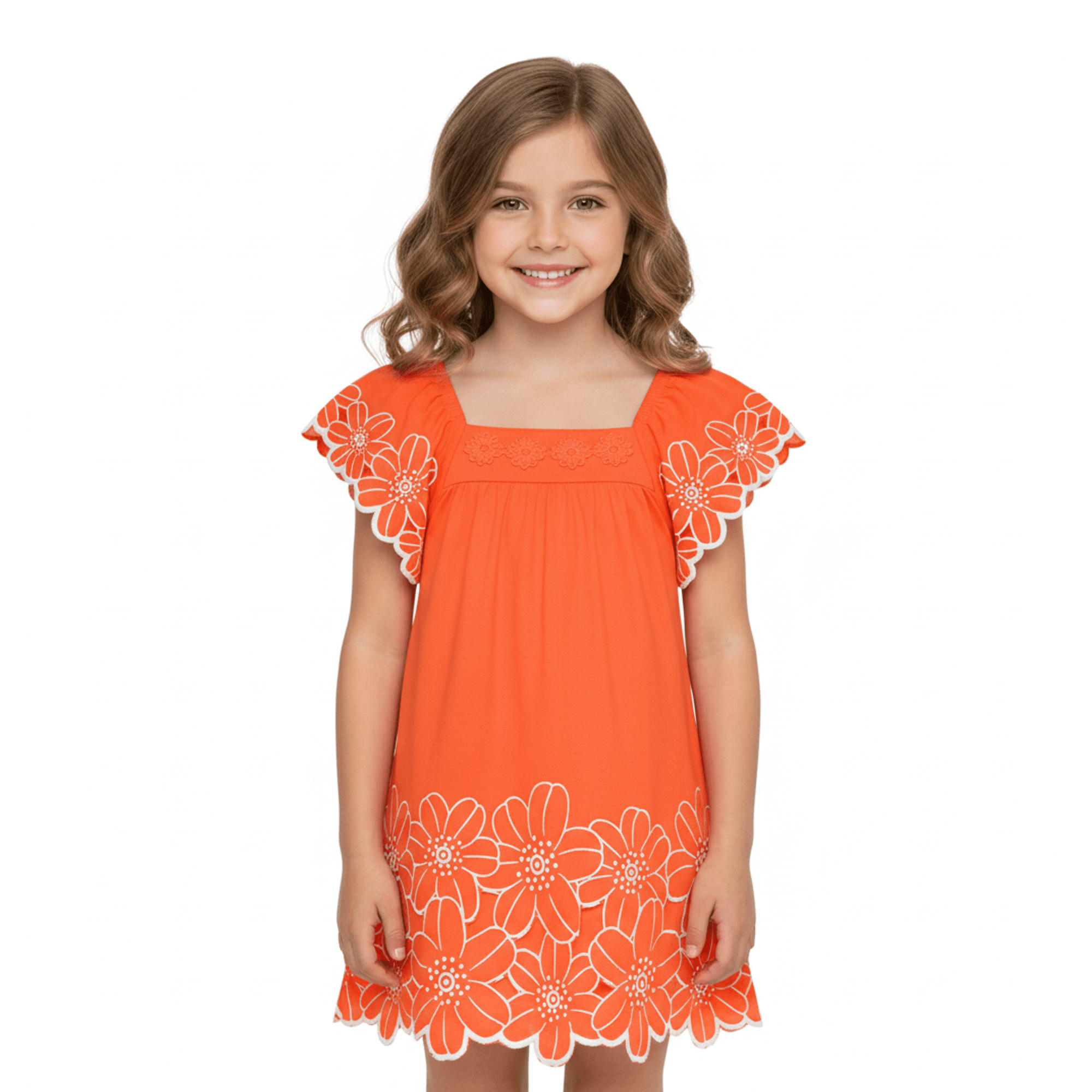 Vestido-Infantil-Malha-Trapezio-Laranja-Bordado-Corte-a-Laser-Flores-1