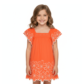 Vestido-Infantil-Malha-Trapezio-Laranja-Bordado-Corte-a-Laser-Flores-1