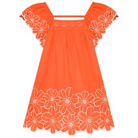 Vestido-Infantil-Malha-Trapezio-Laranja-Bordado-Corte-a-Laser-Flores-2