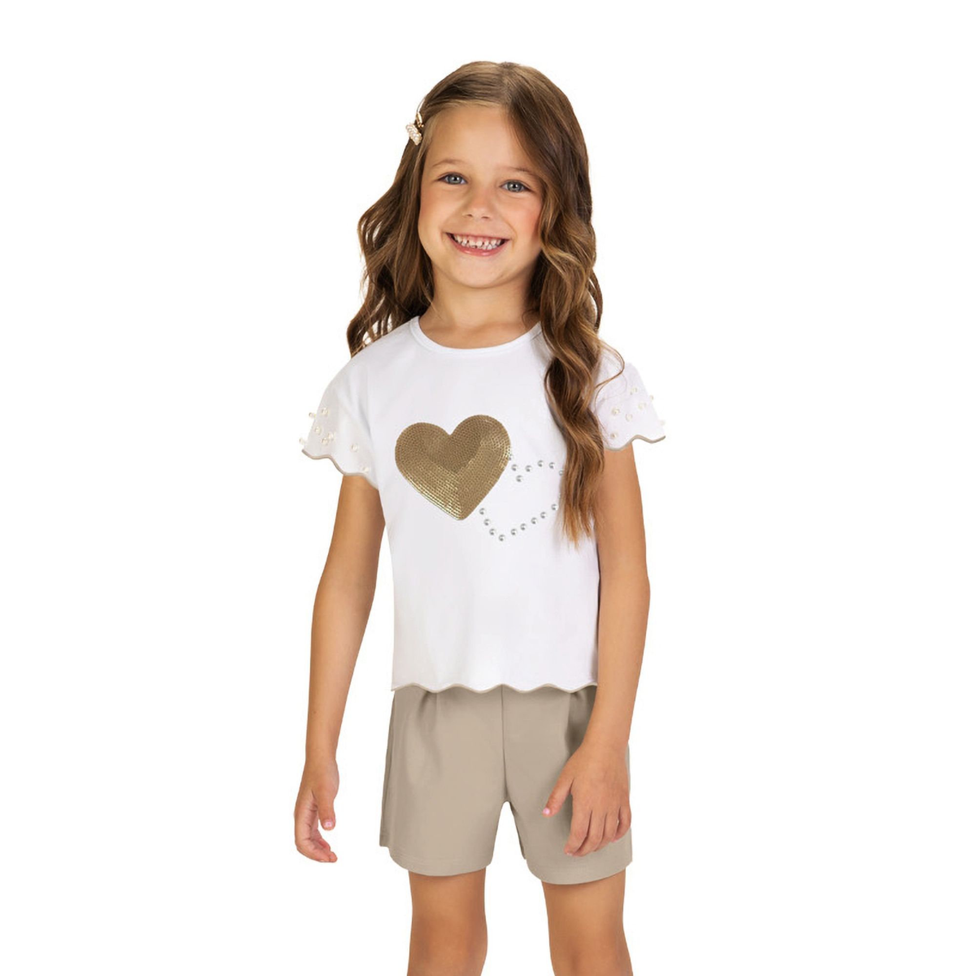 Conjunto-Meninas-Blusa-Branca-Coracao-Dourado-e-Perolas-e-Short-Amendoa-1