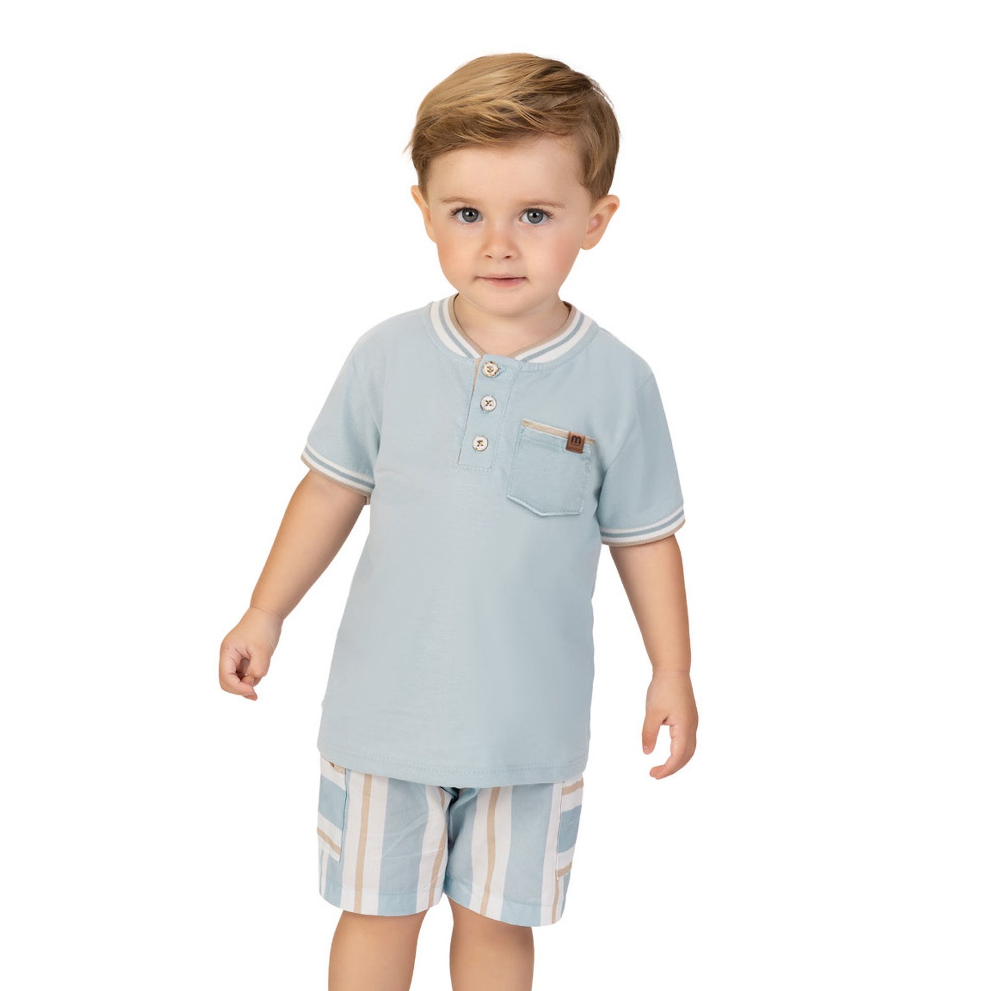 -	Conjunto-Infantil-Camiseta-Henley-Azul-Grecia-e-Bermuda-Listrada-Milon-