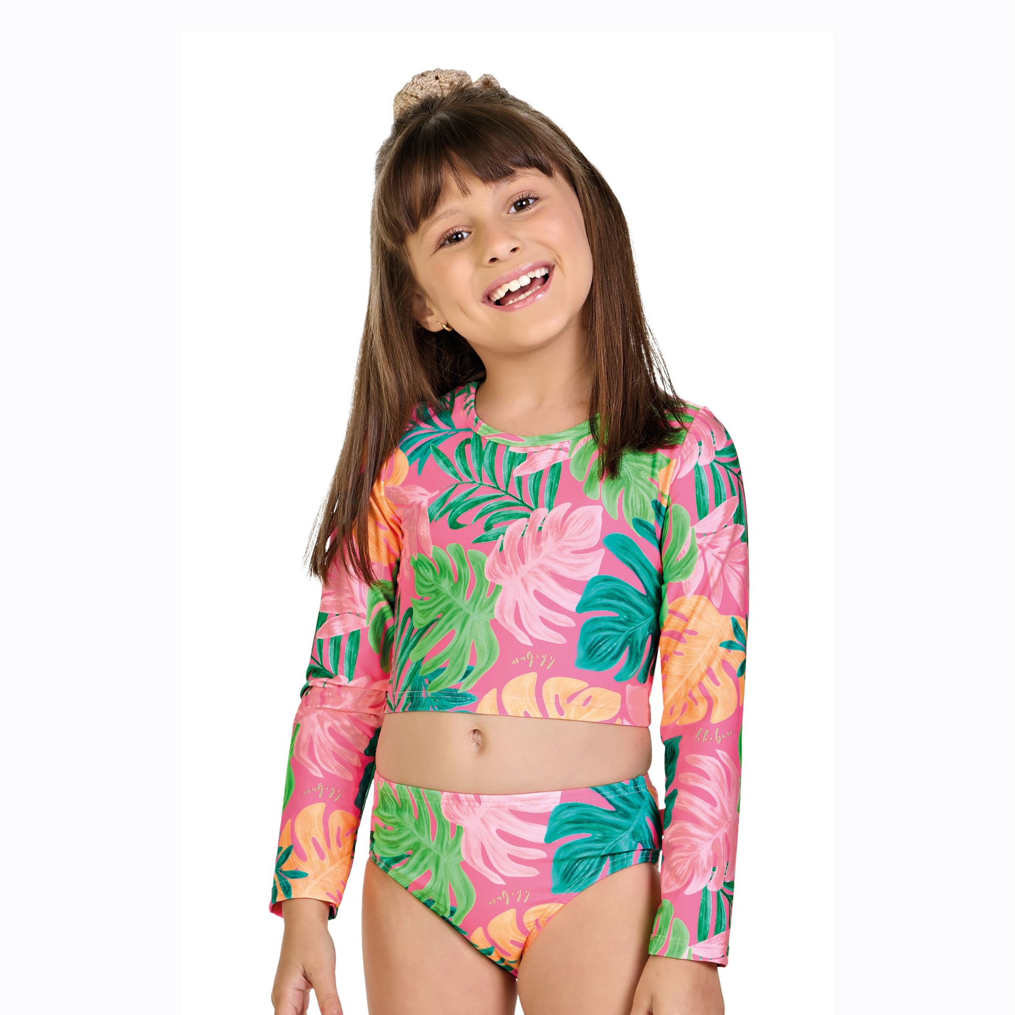 Biquini-Meninas-Top-Cropped-Manga-Longa-Pink-Folhas-Coloridas