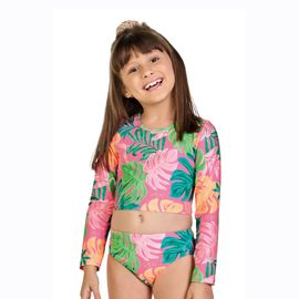 Biquini-Meninas-Top-Cropped-Manga-Longa-Pink-Folhas-Coloridas