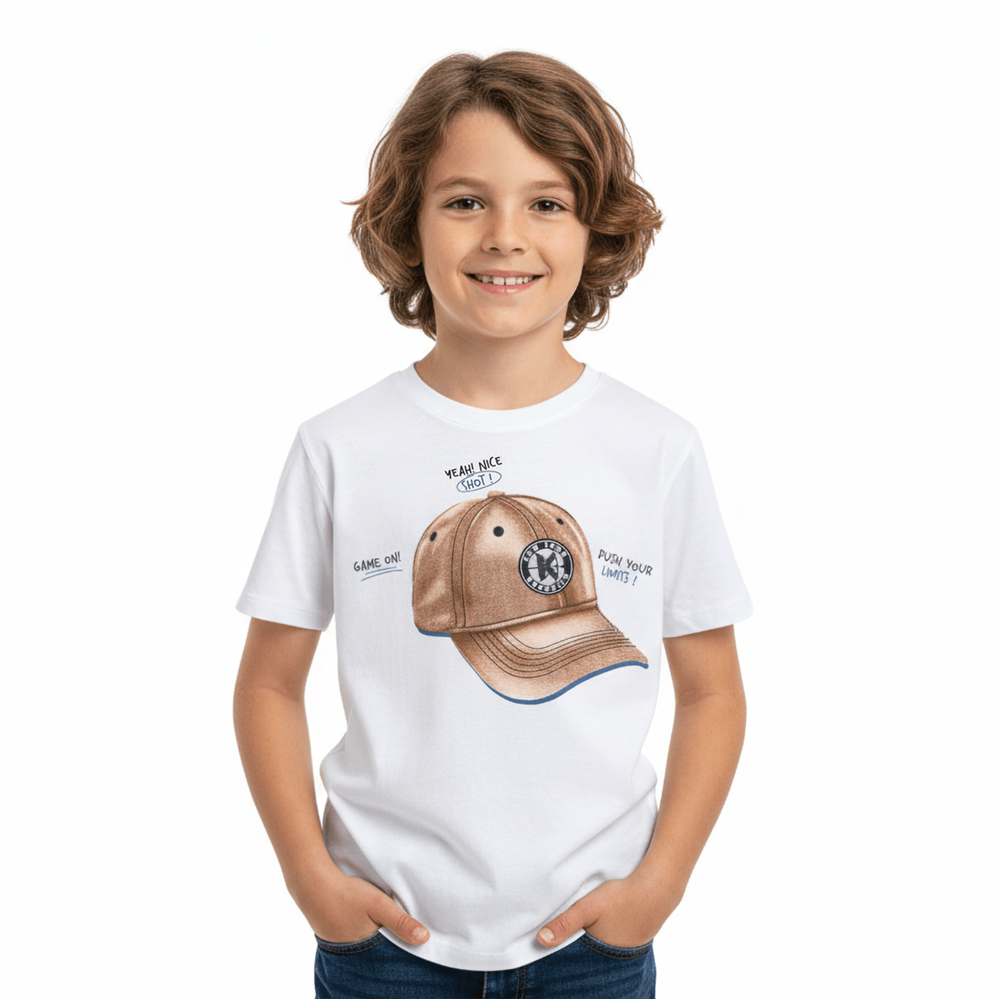 Camiseta-Meninos-Branca-Manga-Curta-Bone-de-Beisebol-Kyly-1