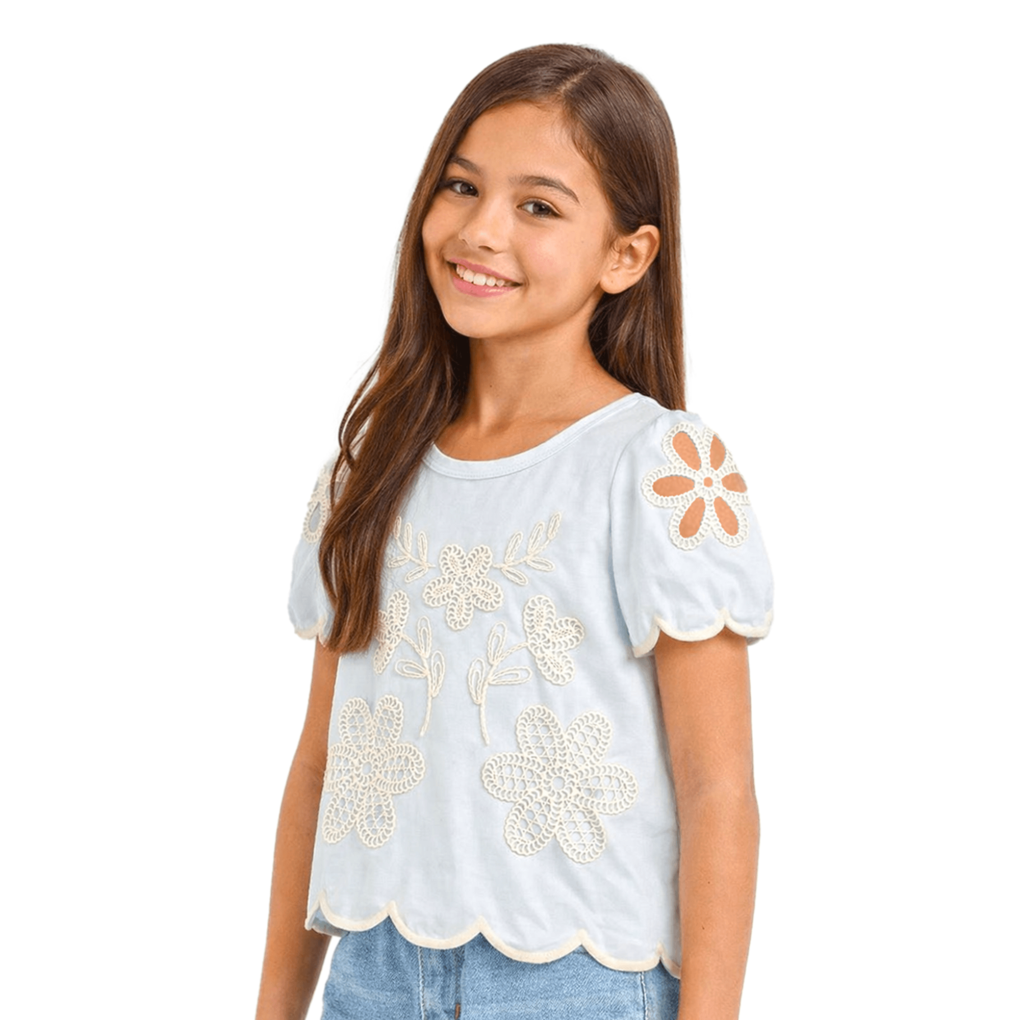 Blusa-Meninas-Manga-Curta-Cropped-Branca-Ombro-Flor-Vazada-Nanai-