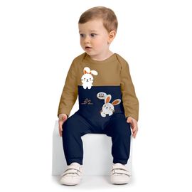 -	Macacao-Manga-Longa-Meninos-Cotton-Marrom-e-Marinho-Coelhinhos-1