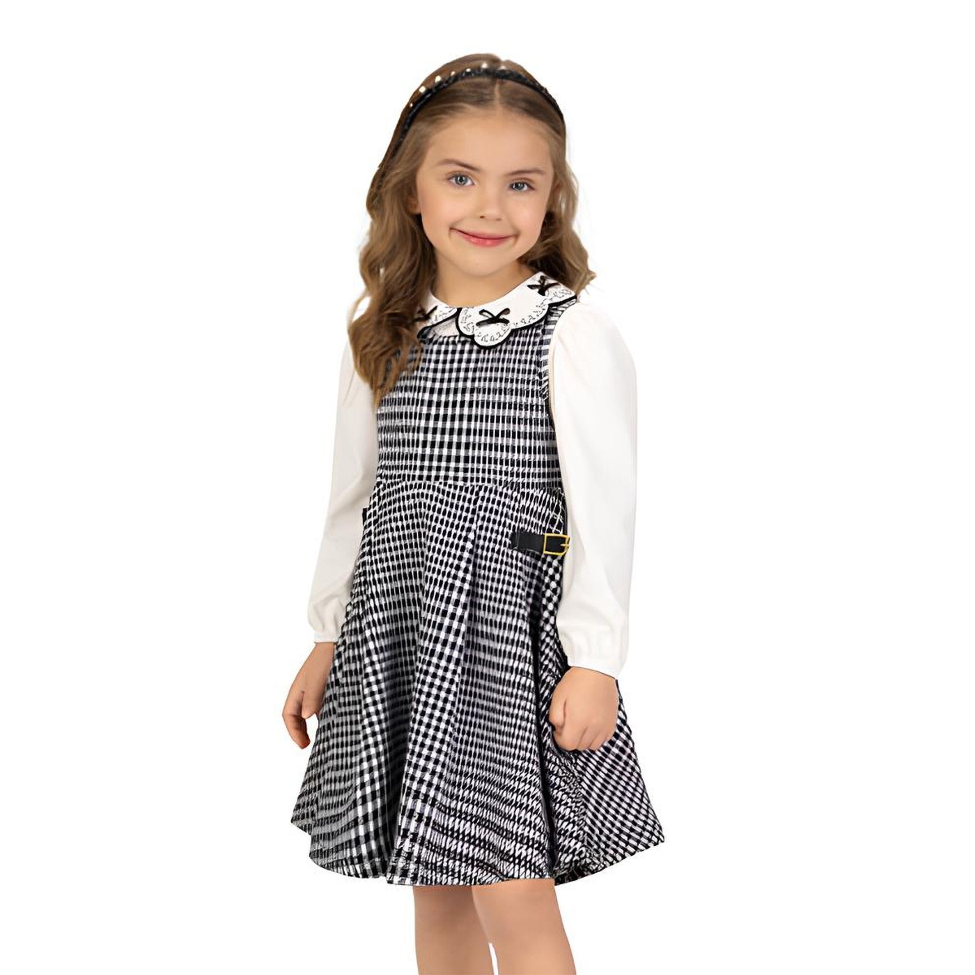Conjunto-Meninas-Vestido-Jacquard-Xadrez-Preto-e-Blusa-Gola-Bordada-