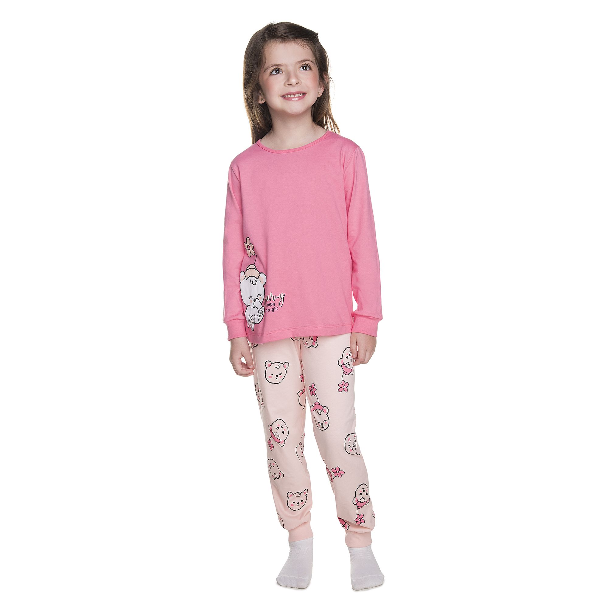 Pijama-Meninas-Longo-Meia-Malha-Rosa-Ursinho-Dorminhoco-1