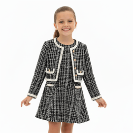 -	Conjunto-Infantil-Vestido-e-Casaco-Tweed-Preto-Branco-e-Fios-Dourados-1