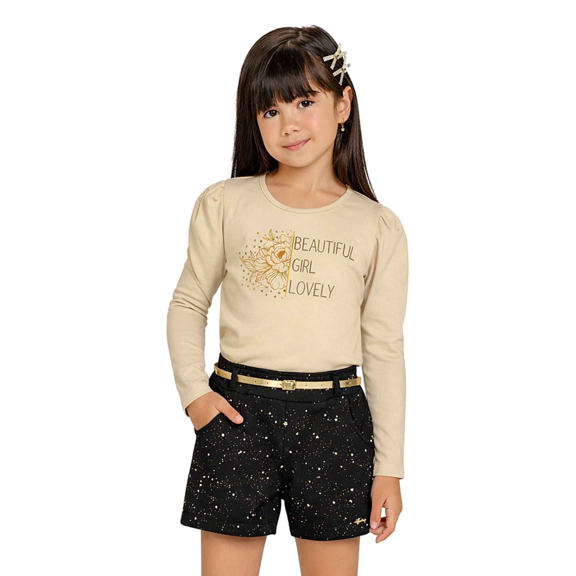 Conjunto-Meninas-Blusa-Longa-Bege-e-Short-Preto-Brilho-Dourado-1
