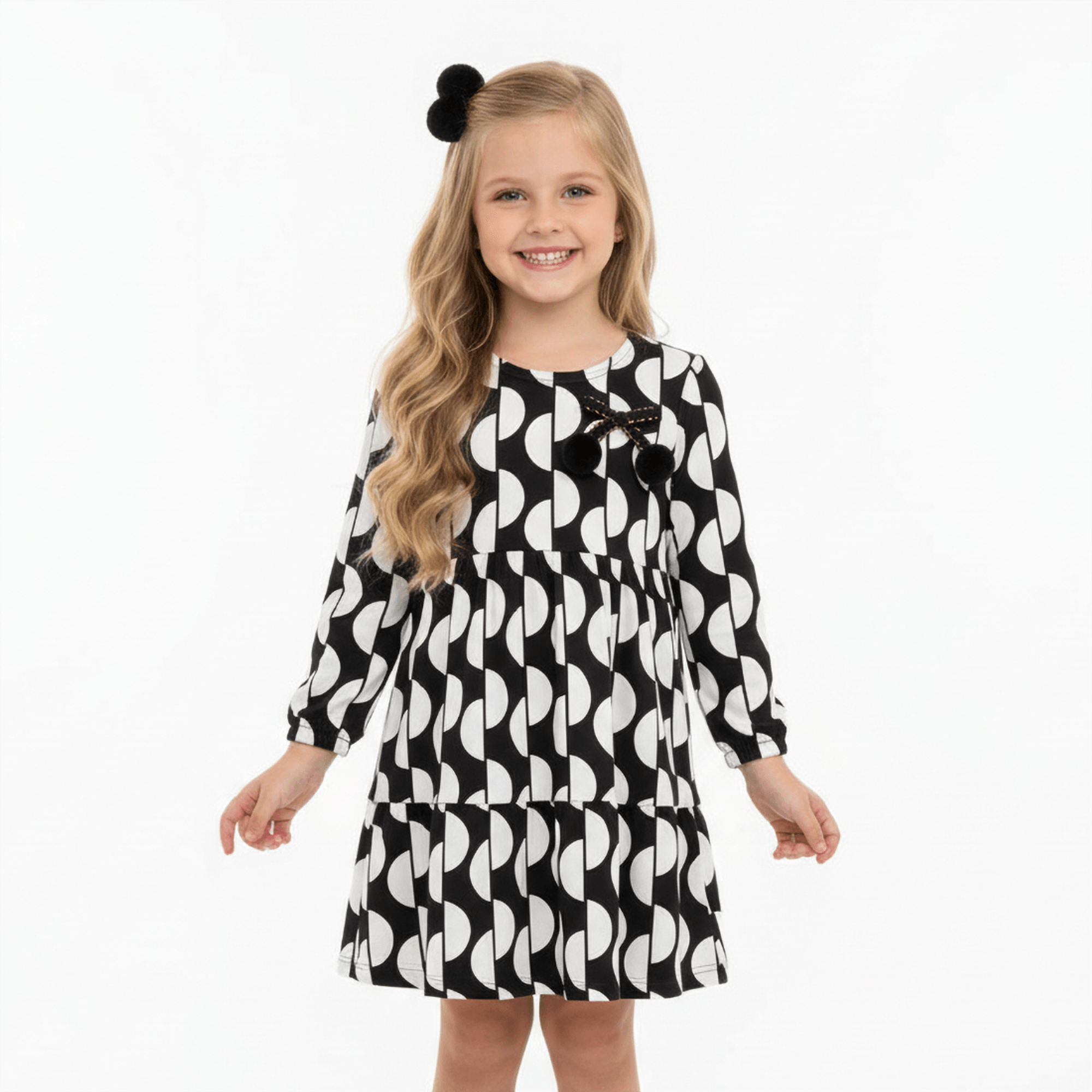 Vestido-Infantil-Manga-Longa-Cotton-Estampa-Preta-e-Branca-Milon-1