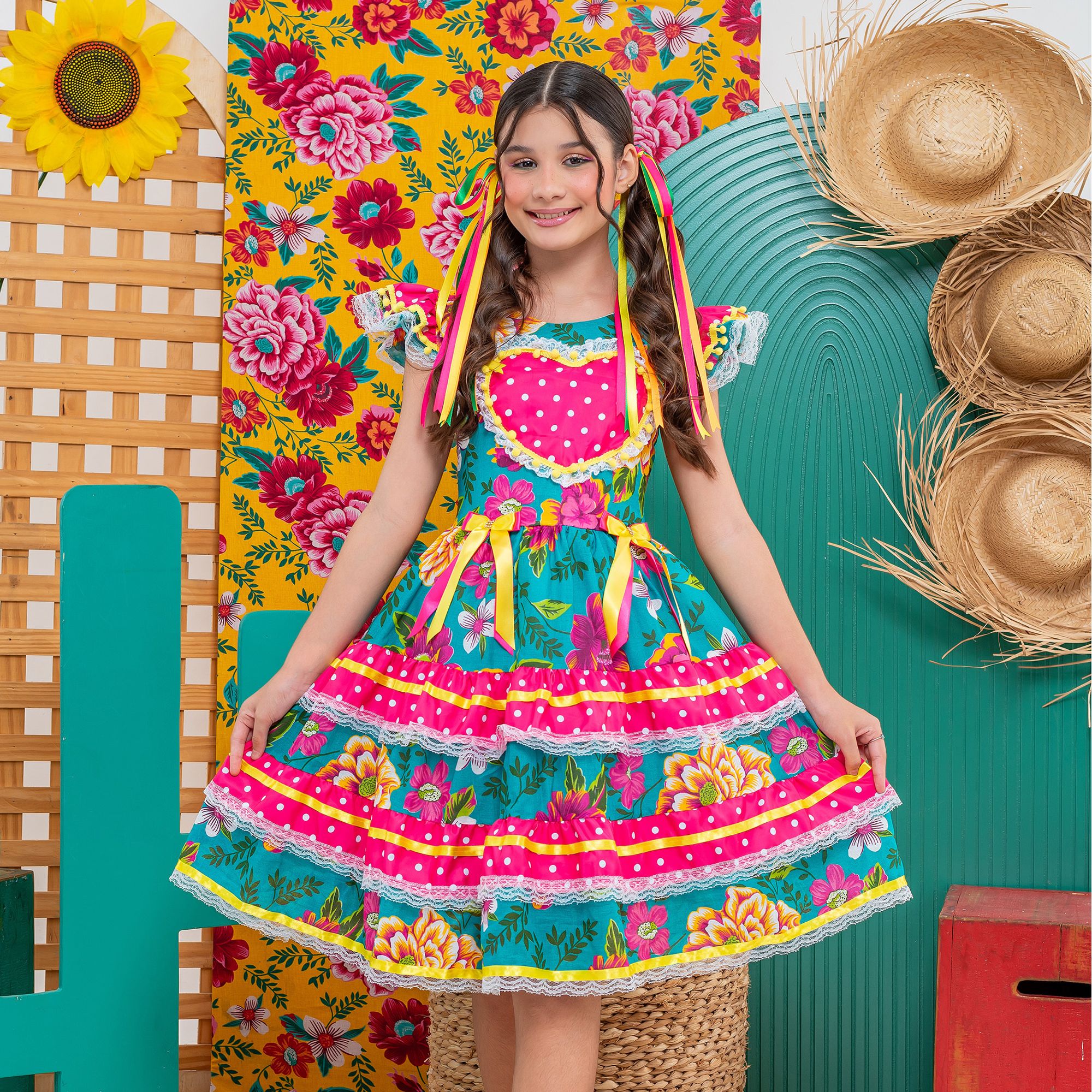 Vestido-Infantil-Junino-Coracao-e-Flores-Pink-e-Verde-Turquesa-1