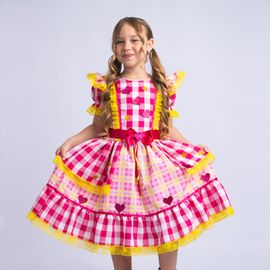 Vestido-Infantil-Junino-Xadrez-Pink-Renda-Amarela-e-Coracoes-1